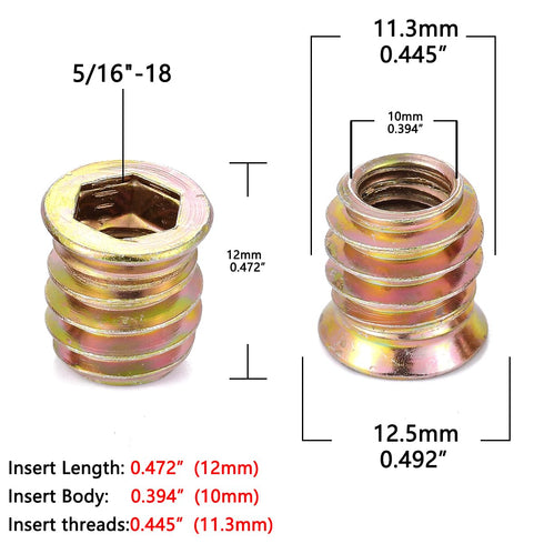100 Pcs Wood Bolt Inserts 5/16"-18x12mm Metal Nut Inserts Assortment Kit for Furniture Replacement Accessories