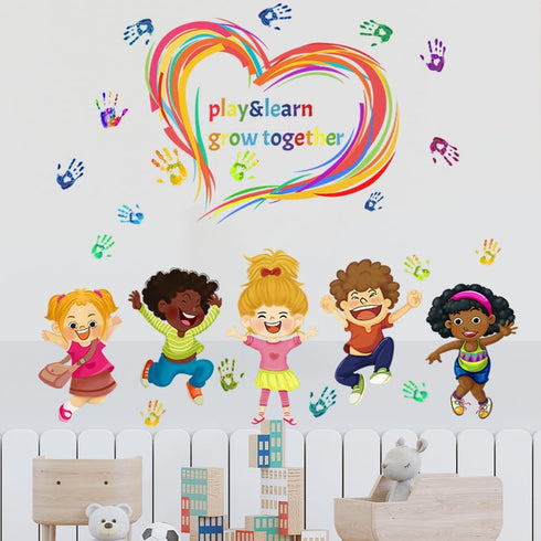 Mirabuy Play Learn & Grow Together Wall Decals Kids Inspirational Quotes Handprint Wall Stickers for Classroom Kids