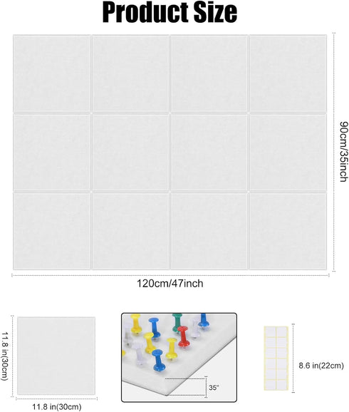 Large Cork Board Alternative 48"x36" - Set of 12 Pack Acoustic Panels with Safe Removable Adhesive Tabs