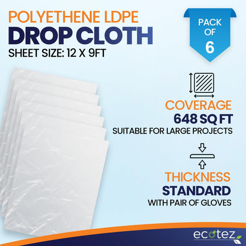 6 Pack 12 x 9 ft Extra Large Painter s Plastic Drop Cloth, Light & Durable Dust Cover, Plastic Floor Protector