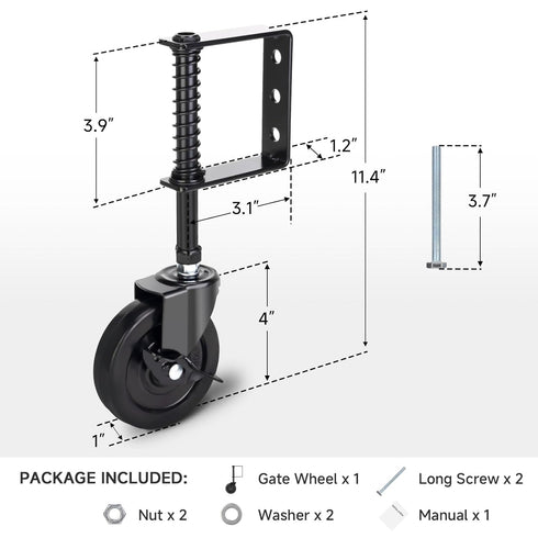 4 Inch Heavy Duty Gate Wheel with Brake, Spring Loaded Gate Caster Wheel, Farm Gate Support Wheel, Outdoor Gate Helper for Wooden PVC Fences, Gate Caster Kit with 360° Swivel, 220 Lbs Capacity, 1 Pack