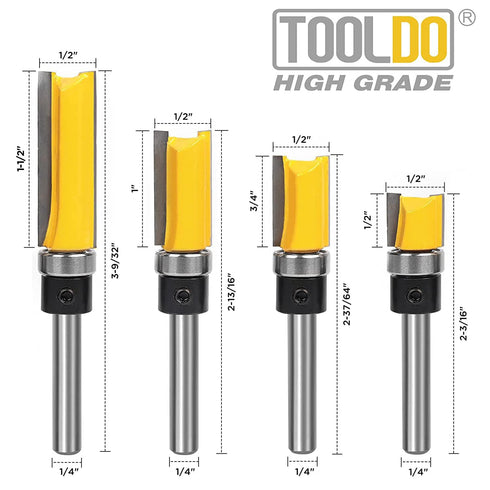 4 Set1/4 Inch 1/2", 3/4", 1", 1-1/2" Pattern Flush Trim Bit Pcs Router BitsTop Bearing Flush Trim Bits Shank ,Cutting