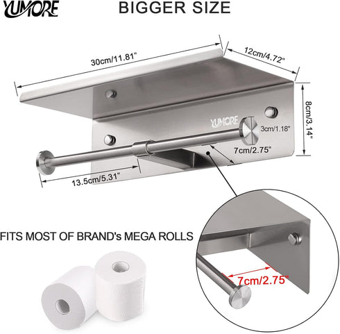 304 YUMORE Toilet Paper Holder, Stainless Steel Bathroom Double Roll Tissue Holder with Shelf, Wall Mounted Washroom