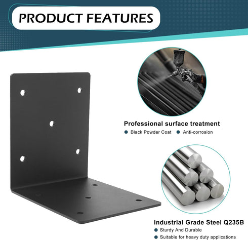 4 PCS Heavy Duty Steel Corner Brackets, 6"x6"x5"L Right Angle Bracket for Wood Shelves, Furniture