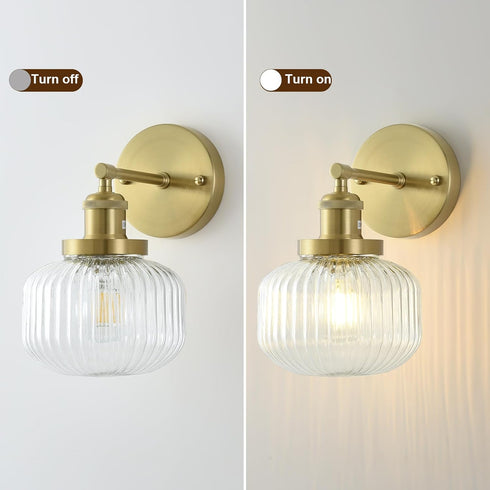 1 Pack Vintage Wall Sconces with Clear Pumpkin Glass Lampshade, Indoor Bathroom Wall Sconce, Modern Gold Industrial