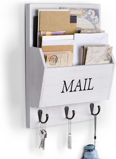 DLQuarts Mail Organizer with Key Holder, Wall Mounted Wooden Mail Sorter with 3 Hooks, White