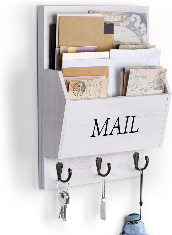 DLQuarts Mail Organizer with Key Holder, Wall Mounted Wooden Mail Sorter with 3 Hooks, White