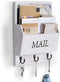 DLQuarts Mail Organizer with Key Holder, Wall Mounted Wooden Mail Sorter with 3 Hooks, White