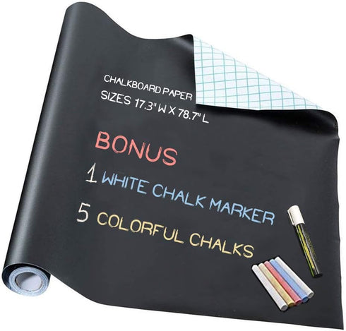 Chalkboard Paper, Blackboard Vinyl Paper Removable Bulletin Wall Sticker, Free: 1 White Chalk Marker Pen + 5 Chalks
