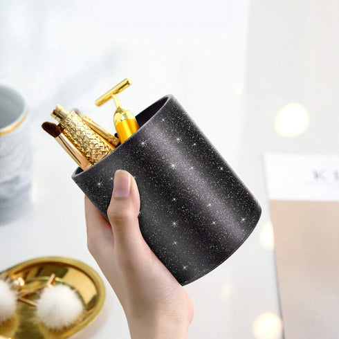 WAVEYU Pen Holder for Desk, Luxury Glitter Pencil Cup for School Office, Leather Desk Organizer for Students (Black)