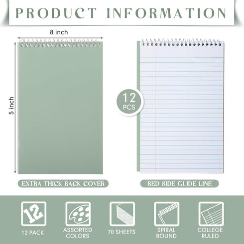 Fuutreo 12 Pcs Top Bound Spiral Notebooks, Durable College Ruled White Paper, Multicolor Covers for Office