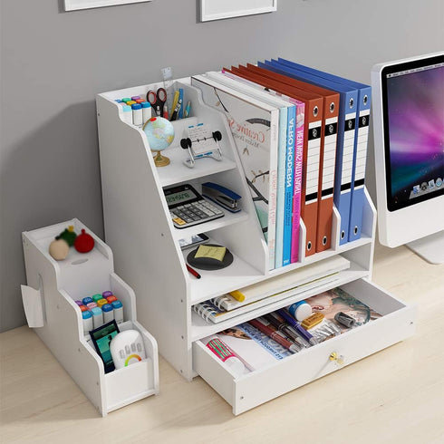 Desk Organizer with Pen Holder, DIY White Stationery Desktop Storage Sorter with Drawer for Home, Office, School