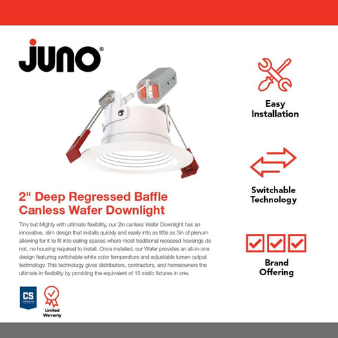 WF2 ALO25 SWW5 90CRI 120 M6 2-Inch, Juno Dreg B MW Canless Wafer Recessed LED Downlight, Deep Regressed Baffled Trim