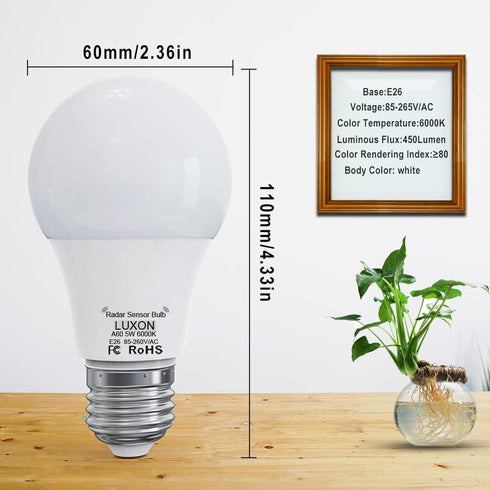 LUXON Radar Motion Sensor Light Bulbs, Dusk to Dawn LED Bulbs, 5W 6000K Cool White, A19 E26 Base, Pack of 2.