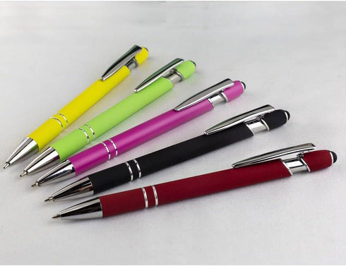 Retractable Ball Point Pens with Stylus Tip, Medium Point Soft Touch Metal Matt Wine Red Barrel, Black Ink, 10 Count