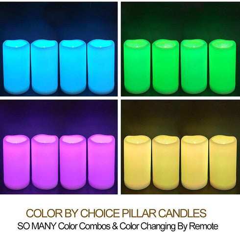 4-Pack 3x6 IP64 Multicolor Outdoor LED Pillar Candles with Timer and Remote - Waterproof Color Changing LED Pillar