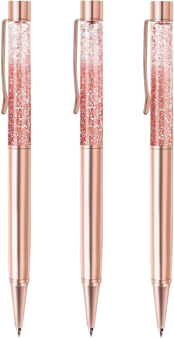 ZZTX 3 Pcs Rose Gold Ballpoint Pens, Bling Dynamic Liquid Sand Pen with Refills, Office Supplies Gift Pens