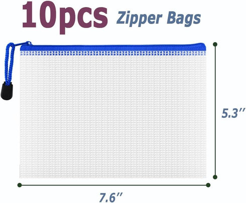 AUSTARK 10 Pcs Zipper File Bags, Waterproof Plastic Mesh Pouch for Office School, B6 Size 7.6''x5.3'', White and Blue