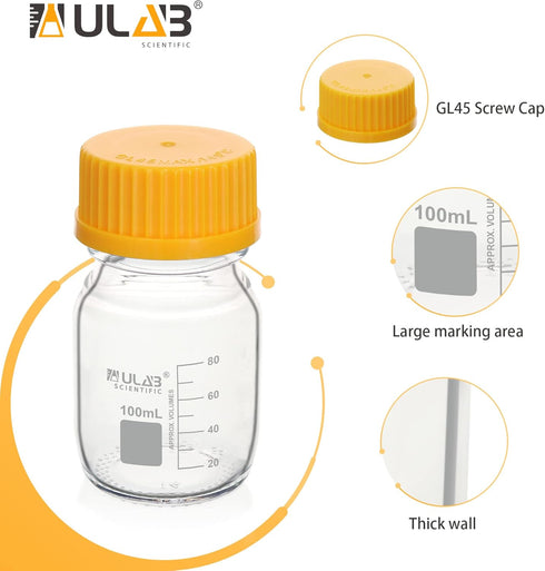 ULAB Round Media Storage Bottle, 100ml (3.4oz), 3.3 Borosilicate Glass, Pack of 12, GL45 Screw Cap