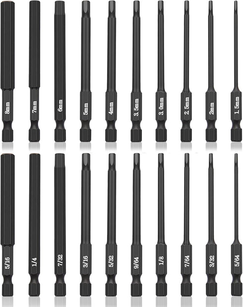 20 Piece Hex Head Allen Wrench Drill Bit Set, 1/4 Inch Hex Shank Metric and SAE S2 Steel with Magnetic Tips
