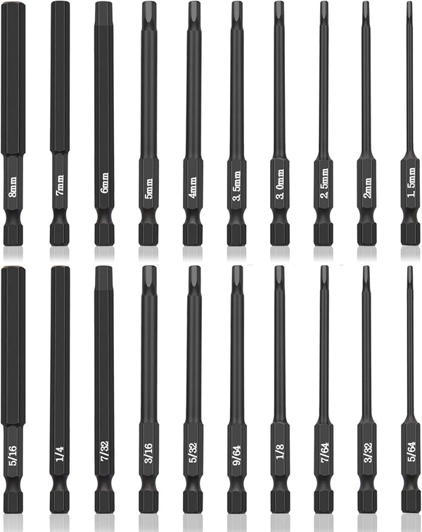 20 Piece Hex Head Allen Wrench Drill Bit Set, 1/4 Inch Hex Shank Metric and SAE S2 Steel with Magnetic Tips