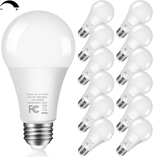 LED Light Bulbs, 100W Equivalent, 5000K Daylight, Dimmable A19, 14W, 1500LM, E26 Base, 12 Packs