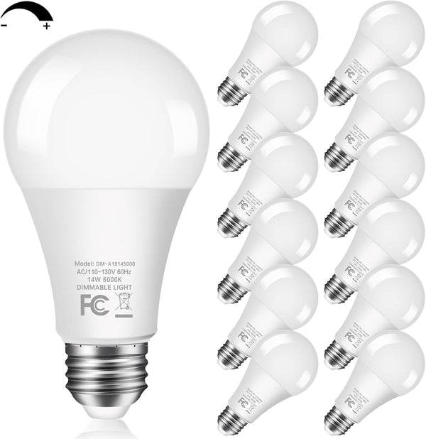 LED Light Bulbs, 100W Equivalent, 5000K Daylight, Dimmable A19, 14W, 1500LM, E26 Base, 12 Packs