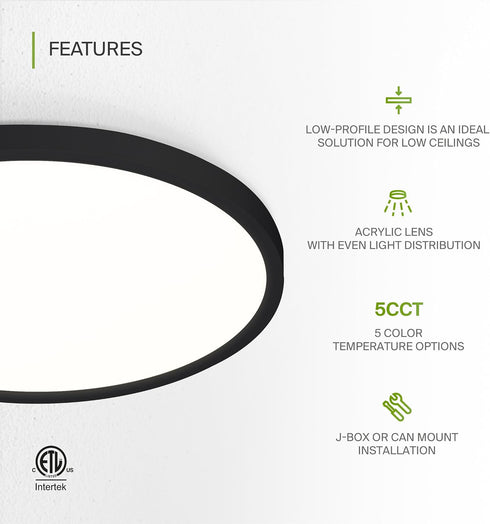12" 5CCT, Dimmable, 24W 1900LM 2700-6000K 120V ASD LED Round Flush Mount Ceiling Light Fixture, Low Profile Surface