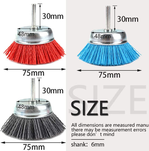 3-inch(75mm) Assorted Nylon Cup Brushes set nylon cup set with 1/4 shank 3Pcs
