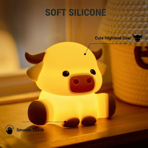 Znpum Dimmable Highland Cow Night Light, Huggwaii Squishy Silicone Lamp for Kids - Touch Sensor Cute Animal Lamp, Soft