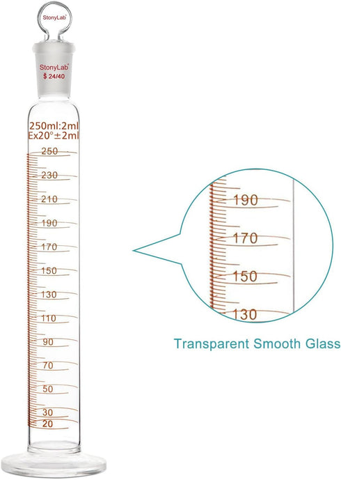 stonylab 250 ml Measuring Cylinder with Stopper, Heavy Wall Borosilicate Glass, Graduated with 24/40 Joint