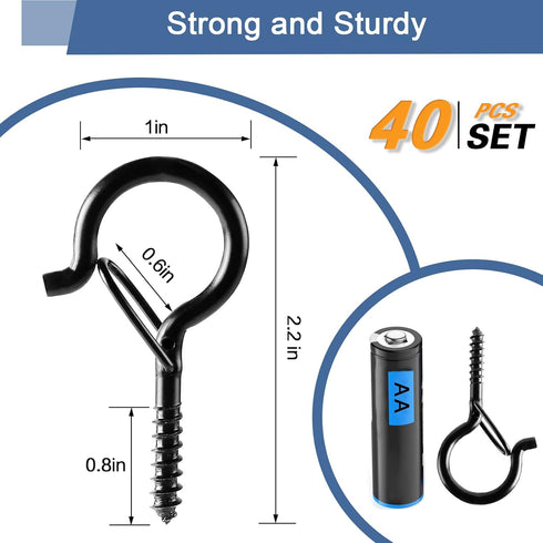 40 2.2 Inches, ADIIL PCS Q Hanger Hooks with Safety Buckle, Windproof Screw Hooks for Hanging Outdoor String Lights