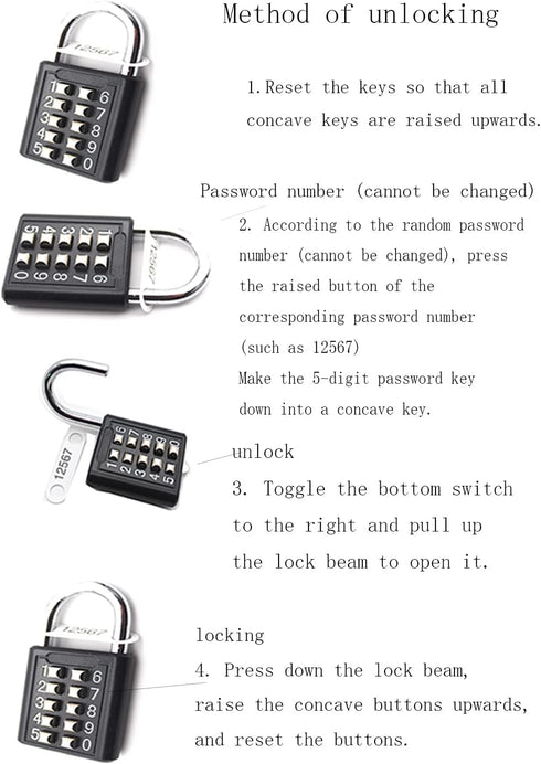 ZENG 10-Button Combination Padlock - Pre-Set 5-Digit Unchangeable Code for Gym Lockers and Toolboxes (Black)