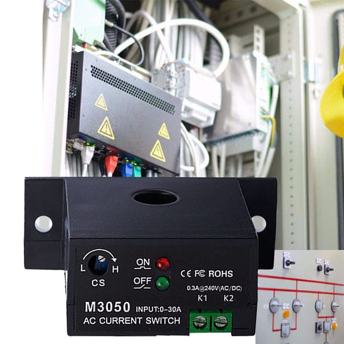 AC Current Sensing Switch, Adjustable Self-Powered Sensing Switch Normally Open Amp Sensor Monitoring Relay for Automated Equipment (0.2-30A)