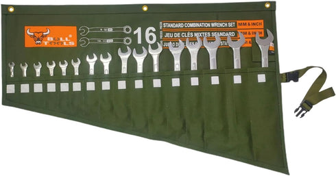 Tool Bag Wrench Organizer Roll Up Pouch, Metric & SAE, 16 Pockets, Heavy Weight 100% Dyed Cotton Duck Canvas