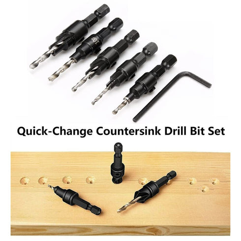5pcs Wood Countersink Drill Bit Set, Hex Shank Quick Change Counter Sinker, Pilot Bit Set for Woodworking