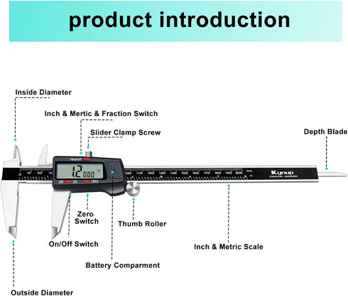Kynp Digital Caliper, 8 Inch Micrometer Tool with Stainless Steel Body and Large LCD Screen