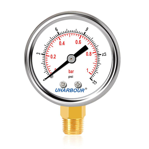Lead-Free Water Pressure Gauge Liquid Filled 0-15Psi, 2" Dial, Stainless Steel Case, 1/4" NPT Lower Mount