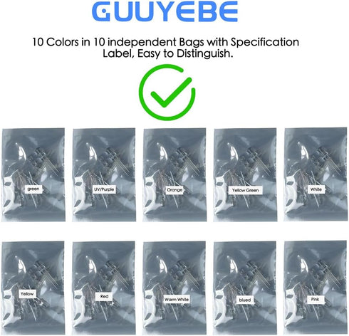 LEDs, Single LED Light LED Diode Lamp DIY Kit with Warm White Red Green Blue Yellow Green Pink UV Purple Orange Clear Transparent Lens Mini Bulbs 5mm 10 Colors x 10PCS by GuuYebe