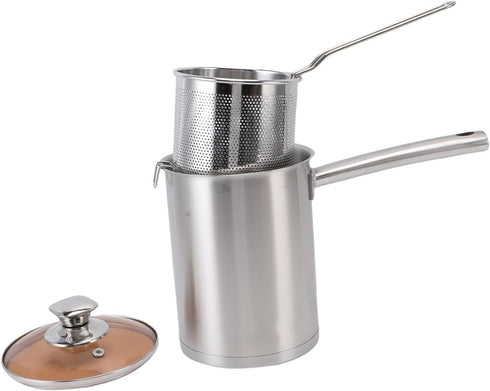 Jwthee 304 Stainless Steel Oil Filter Pot, Large Capacity Bacon Grease Container, Small Deep Fryer with Lid and Oil