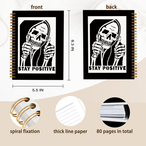 Stay Positive Inspirational Notebooks, Funny Skull Skeleton Journal, Hardcover Spiral Notebook 5.5x8.3 for Women