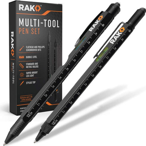 RAK Multi-Tool 2Pc Pen Set with LED Light, Touchscreen Stylus, Ruler, Level, and Screwdrivers