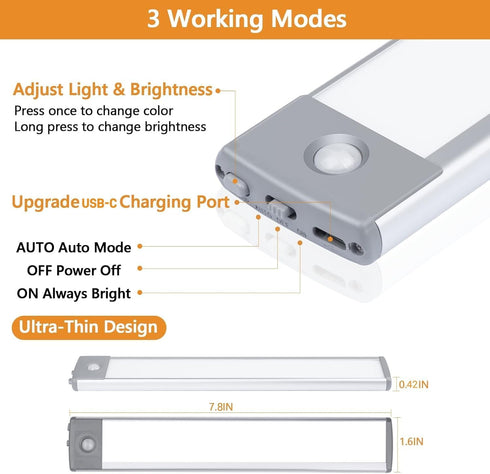 2-Pack 1700mAh 3 Dimmable, 35LED Closet, Motion Sensor Under Cabinet Lighting, USB-C Rechargeable Battery, Color