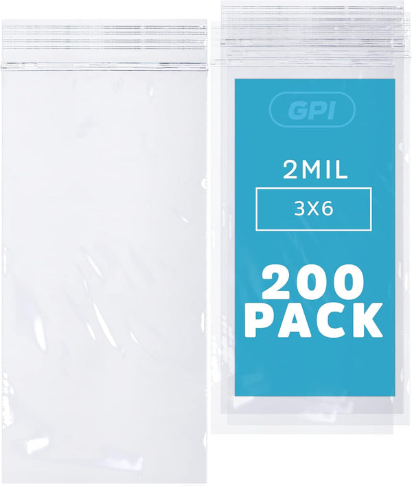 GPI PACK OF 200 3" x 6" CLEAR PLASTIC RECLASABLE Zip BAGS, Bulk 2 mil Thick Strong Poly Baggies