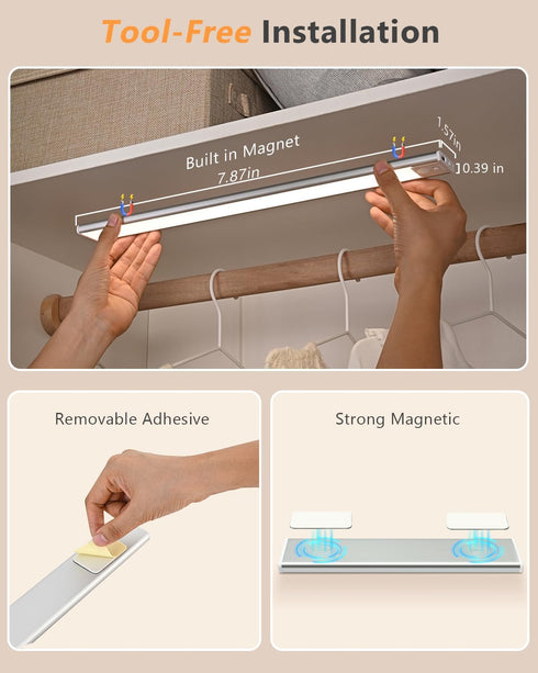KTTGO Closet 3 Counter Dimmable Under Cabinet Lighting, LED Rechargeable Motion Sensor Lights, Color Temps Under