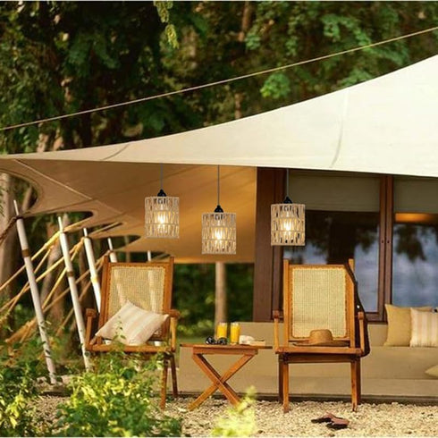 EcoGehen 2 Pack Bulb Battery Operated Pendant Light Outdoor Chandelier for Gazebo Hanging Lamp with LED Rattan Shade