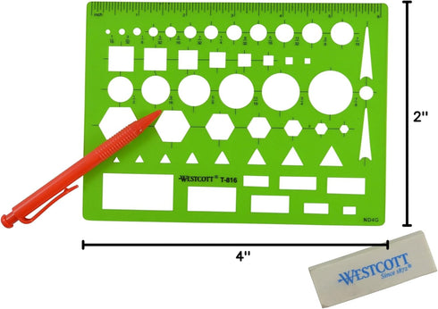 Westcott T-816 All-Purpose Technical Drawing Template, Green, 4.5 by 6 in, Plastic Shape Tool