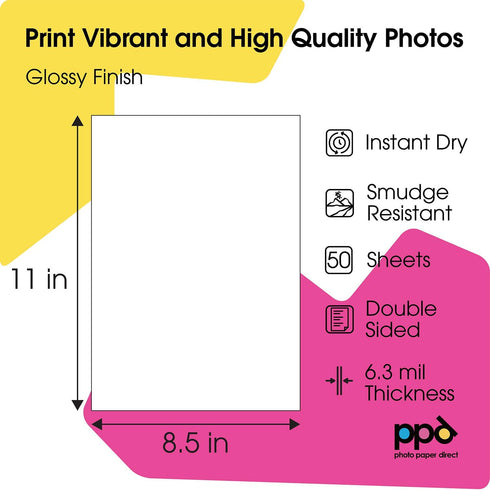 PPD Double Sided Photo Paper, Glossy Brochure Paper 8.5 x 11 for Inkjet Printer, 50 Sheets