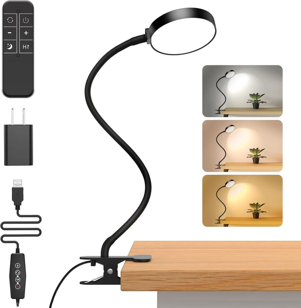 Reading Light with Remote, Dimmable LED Desk Lamp Clip on, Flexible Gooseneck USB Reading Lamp with Timer (Adapter