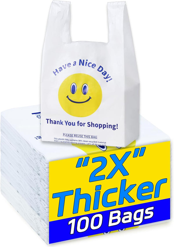 YovhVon 0.8Mil(20 Microns), 100 Count, Plastic Bags with Handles, T-Shirt bag, Thank You